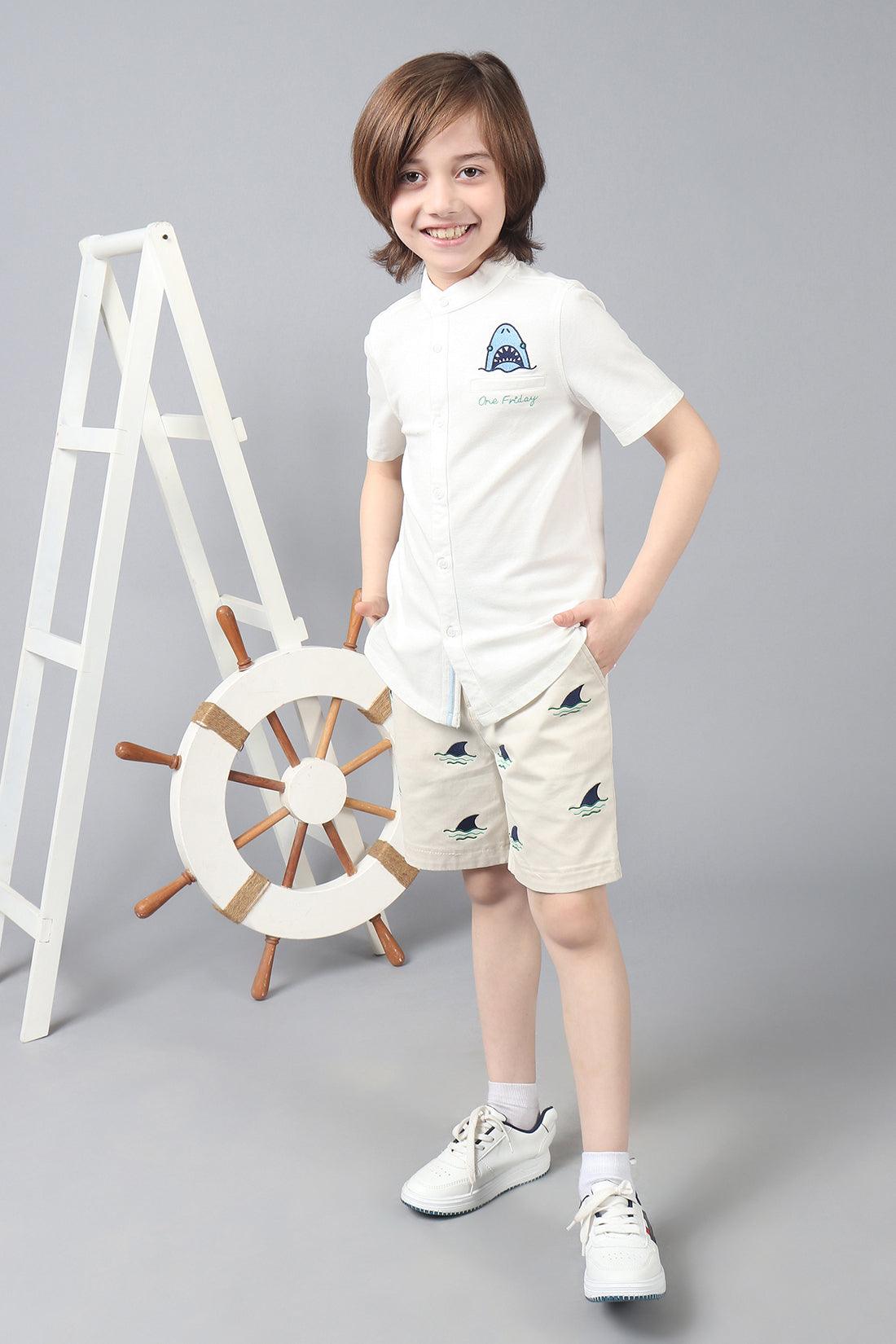 One Friday Kids Boys White Embroidered Chinese Collar Knit Short Sleeve Shirt - One Friday World