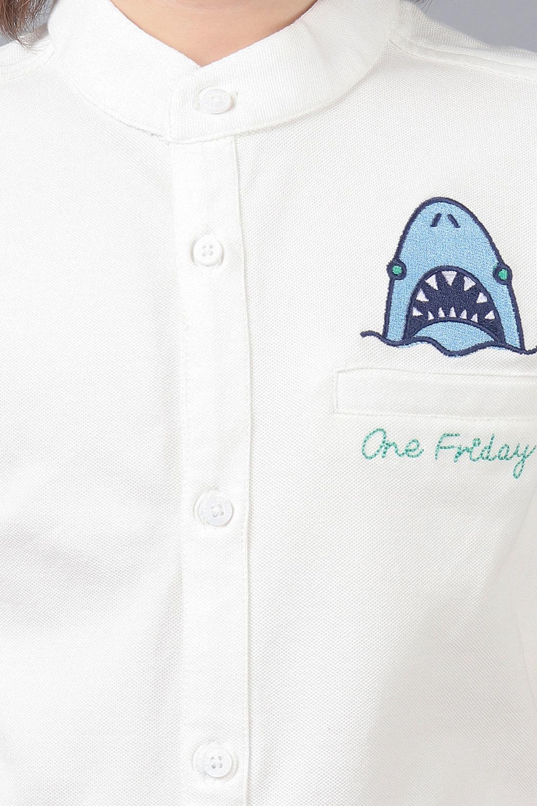 One Friday Kids Boys White Embroidered Chinese Collar Knit Short Sleeve Shirt - One Friday World