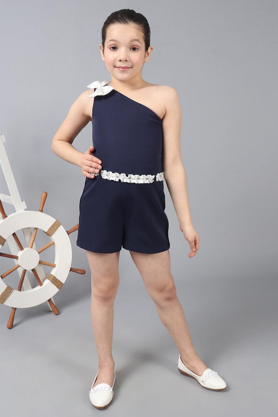 One Friday Kids Girls Navy Blue single-Shoulder Jumpsuit With Bow - One Friday World