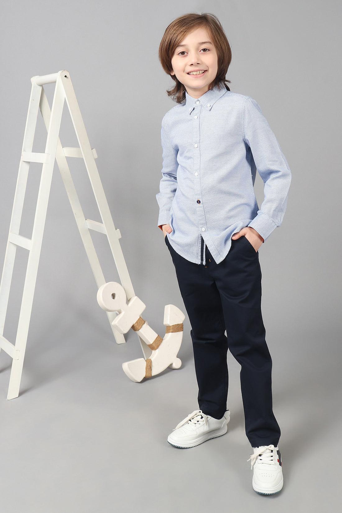 One Friday Kids Boys 100% Cotton Blue Micro Print Full Sleeves Shirt - One Friday World