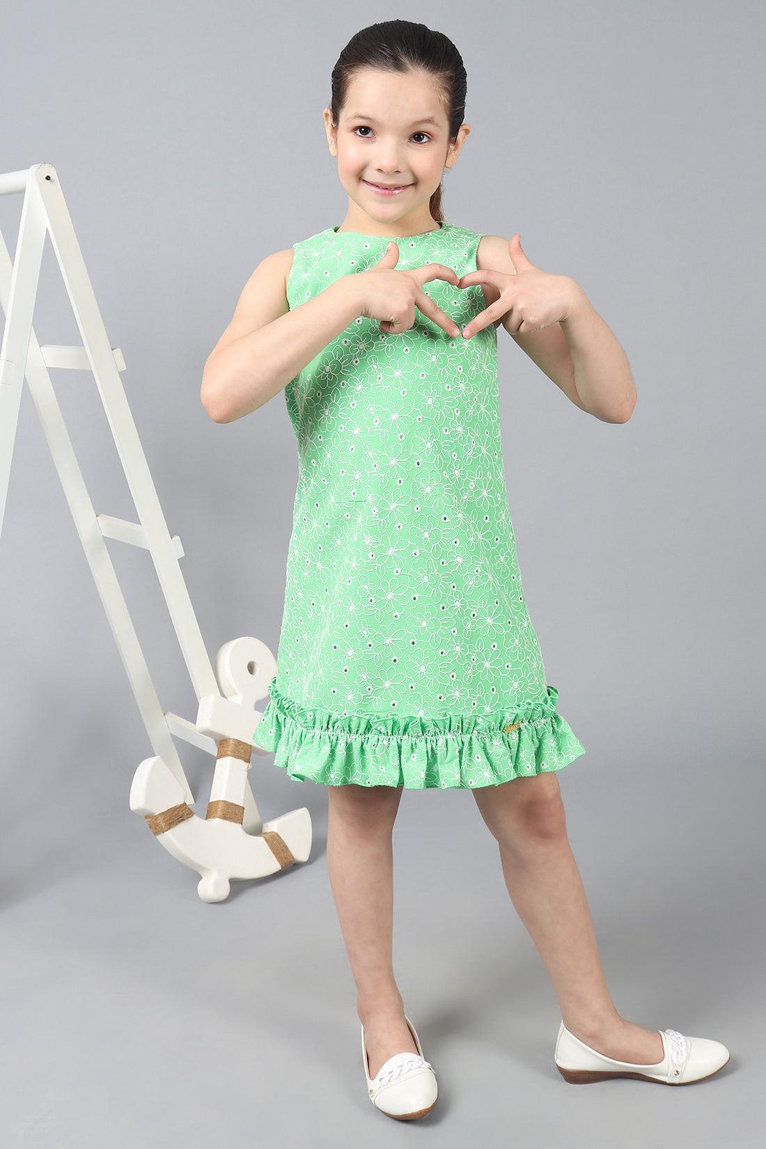 One Friday Kids Green Embroidered Round Neck Sleeveless Dress With Frills - One Friday World