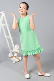 One Friday Kids Green Embroidered Round Neck Sleeveless Dress With Frills - One Friday World