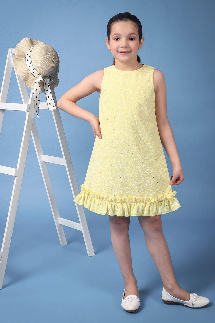 One Friday Kids Girls Yellow Embroidered Round Neck Sleeveless Dress With Frills - One Friday World