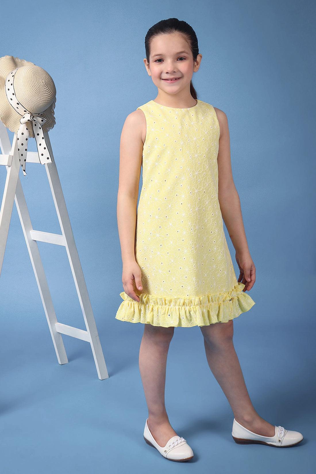 One Friday Kids Girls Yellow Embroidered Round Neck Sleeveless Dress With Frills - One Friday World