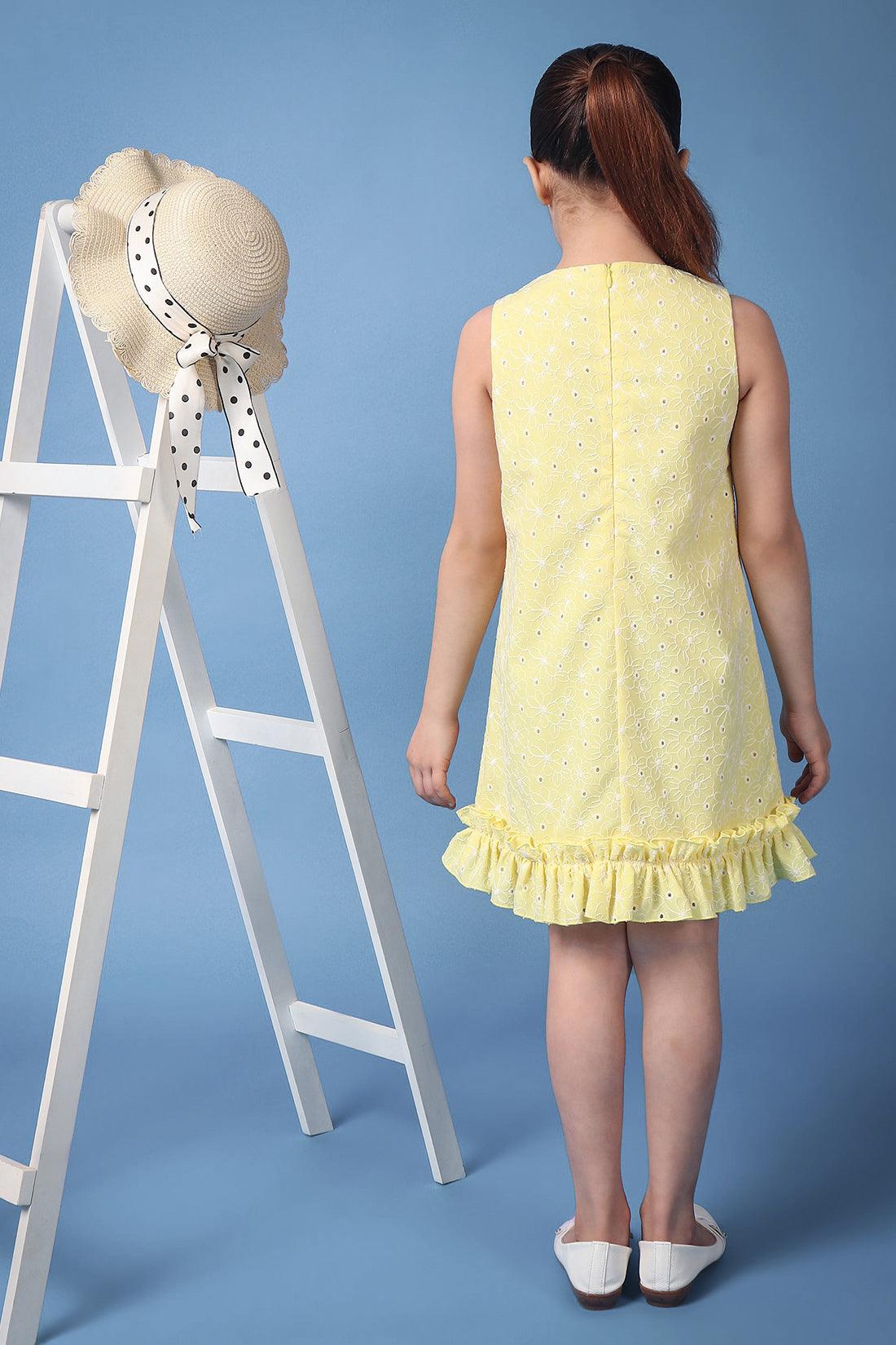 One Friday Kids Girls Yellow Embroidered Round Neck Sleeveless Dress With Frills - One Friday World