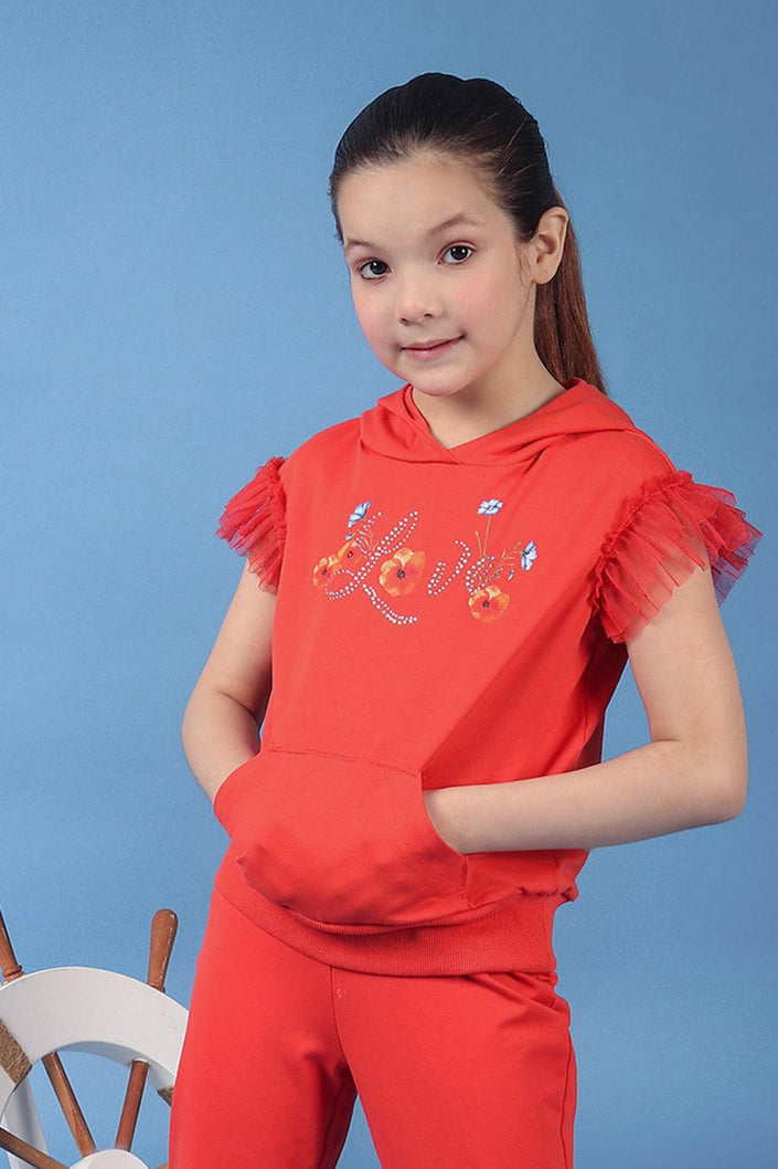 One Friday Kids Girls Red Cotton Hooded Neckline Top With Placement Print - One Friday World