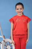 One Friday Kids Girls Red Cotton Hooded Neckline Top With Placement Print - One Friday World