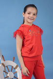 One Friday Kids Girls Red Cotton Hooded Neckline Top With Placement Print - One Friday World