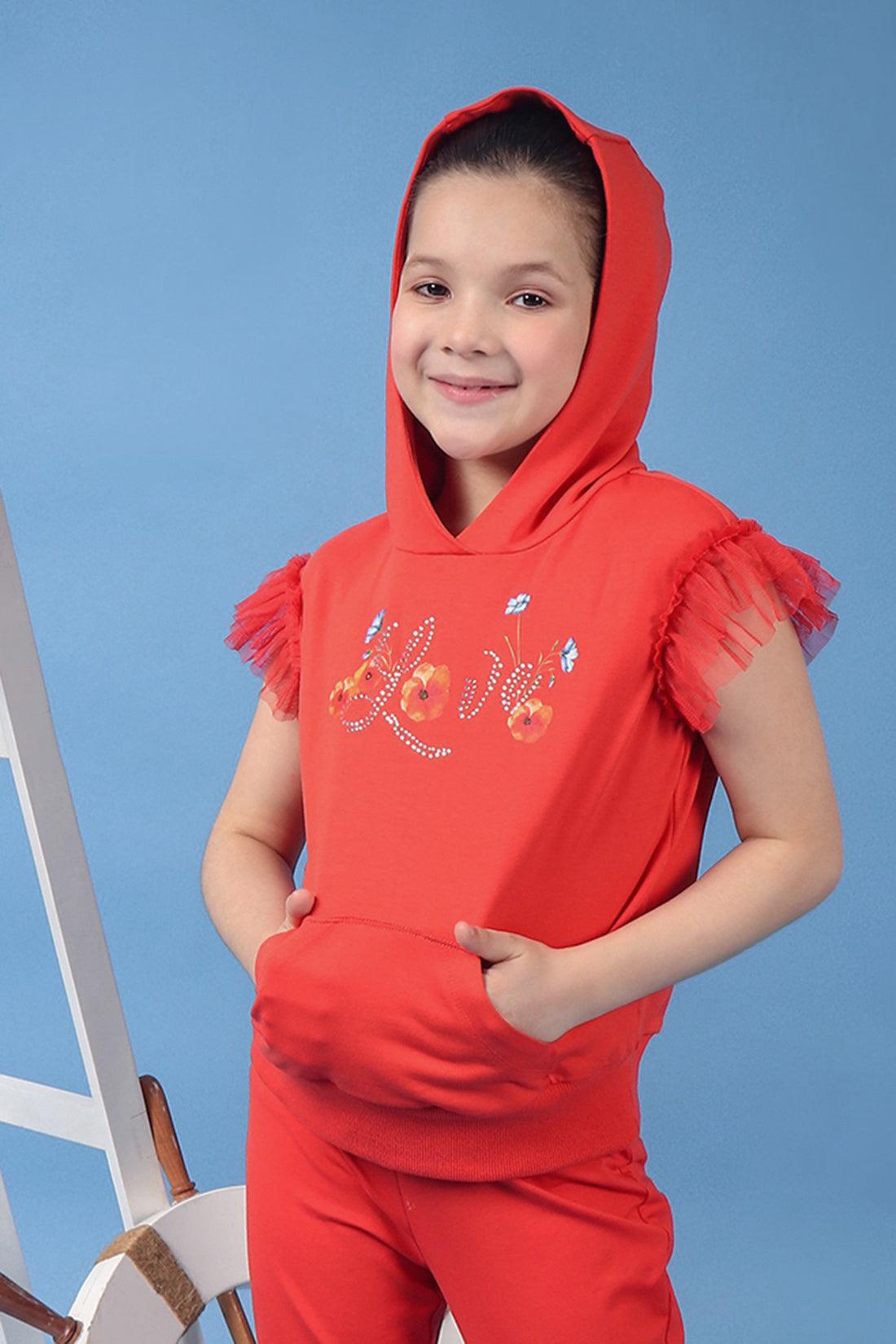 One Friday Kids Girls Red Cotton Hooded Neckline Top With Placement Print - One Friday World