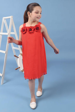 One Friday Kids Girls Orange A Line Pleated Dress With Embellished Flowers - One Friday World