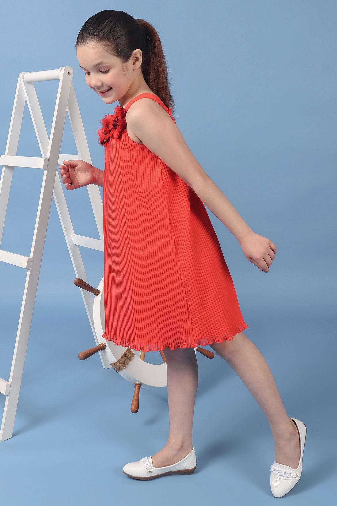 One Friday Kids Girls Orange A Line Pleated Dress With Embellished Flowers - One Friday World