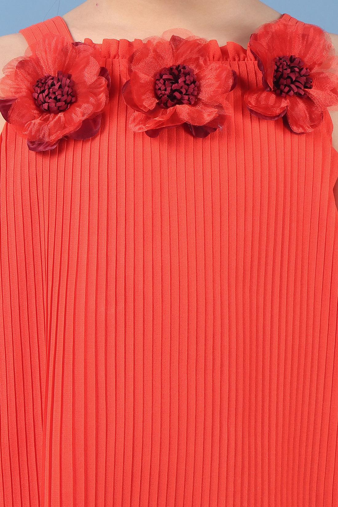 One Friday Kids Girls Orange A Line Pleated Dress With Embellished Flowers - One Friday World