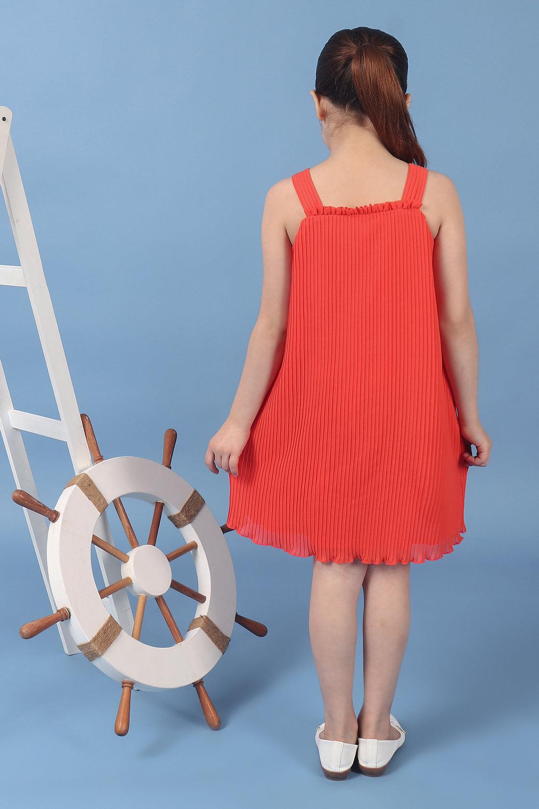 One Friday Kids Girls Orange A Line Pleated Dress With Embellished Flowers - One Friday World