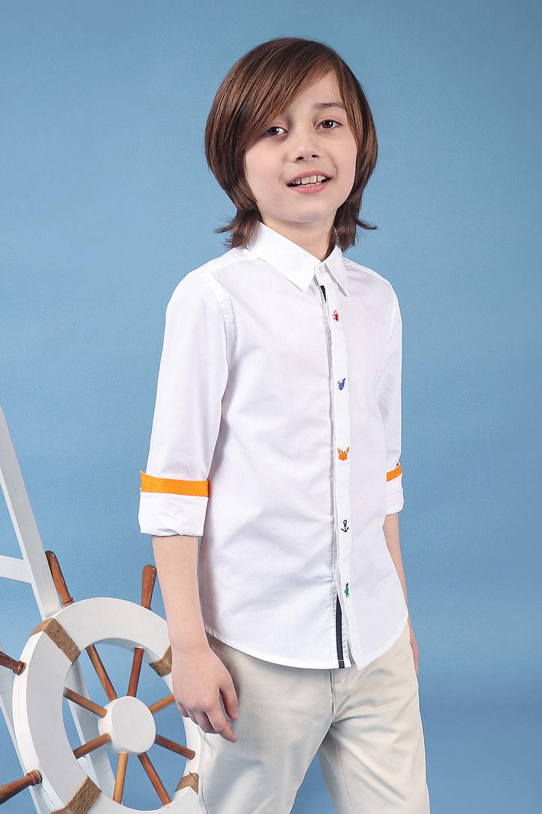 One Friday Kids Boys White Cotton Full Sleeves Embroidered Shirt - One Friday World