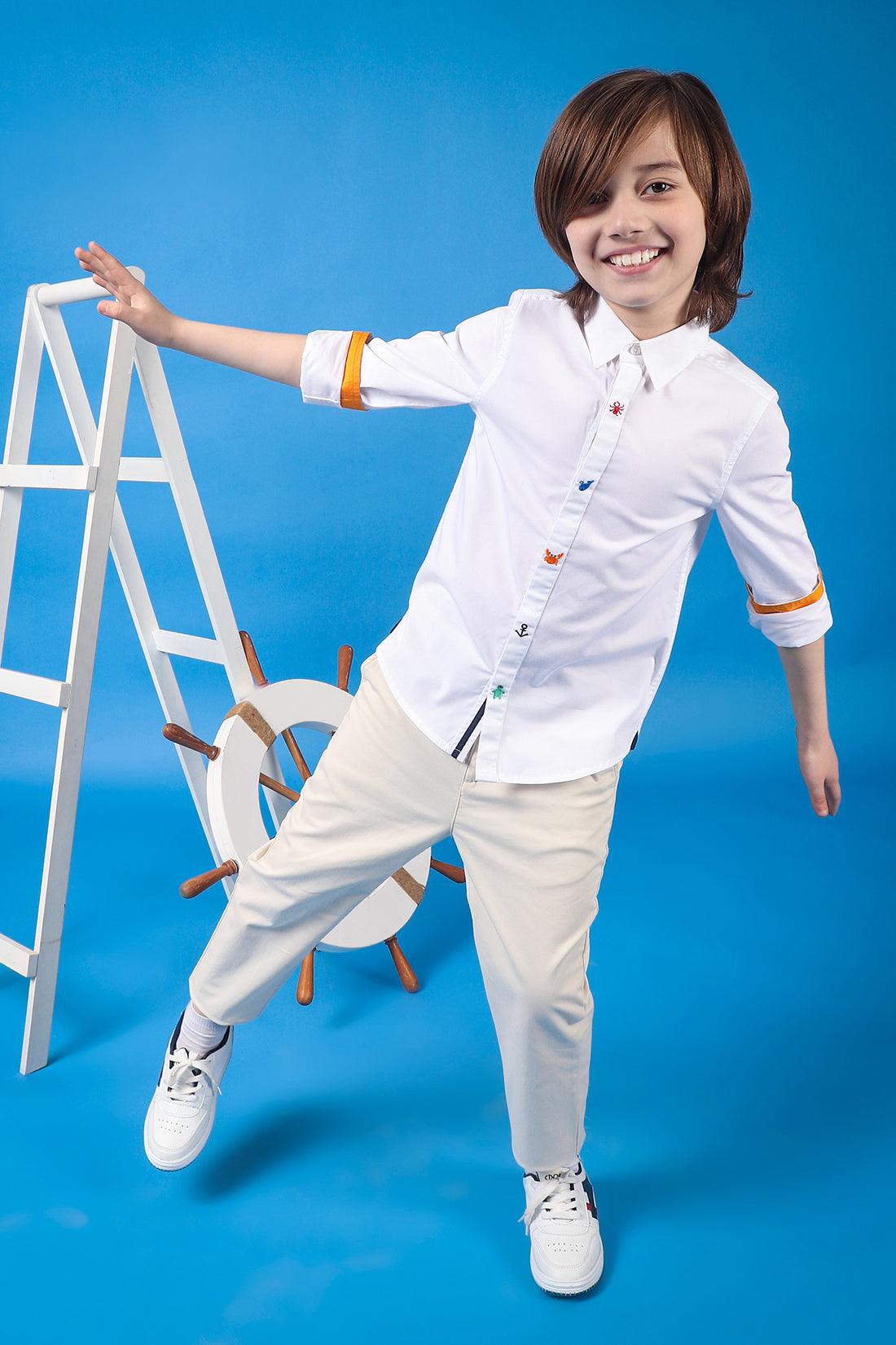 One Friday Kids Boys White Cotton Full Sleeves Embroidered Shirt - One Friday World