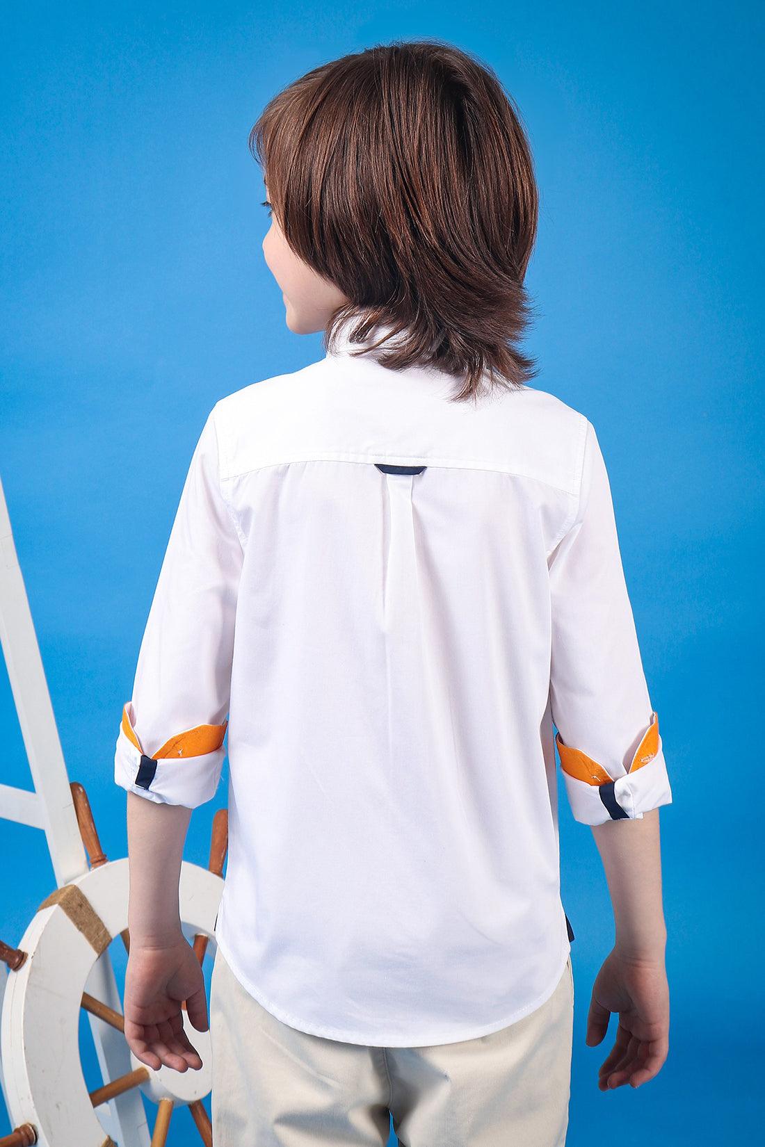 One Friday Kids Boys White Cotton Full Sleeves Embroidered Shirt - One Friday World