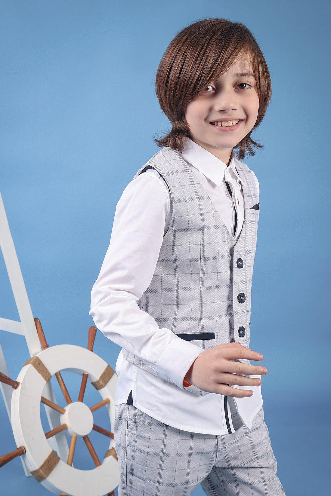 One Friday Kids Boys 100% Cotton Grey Check Waistcoat With Front Pockets - One Friday World