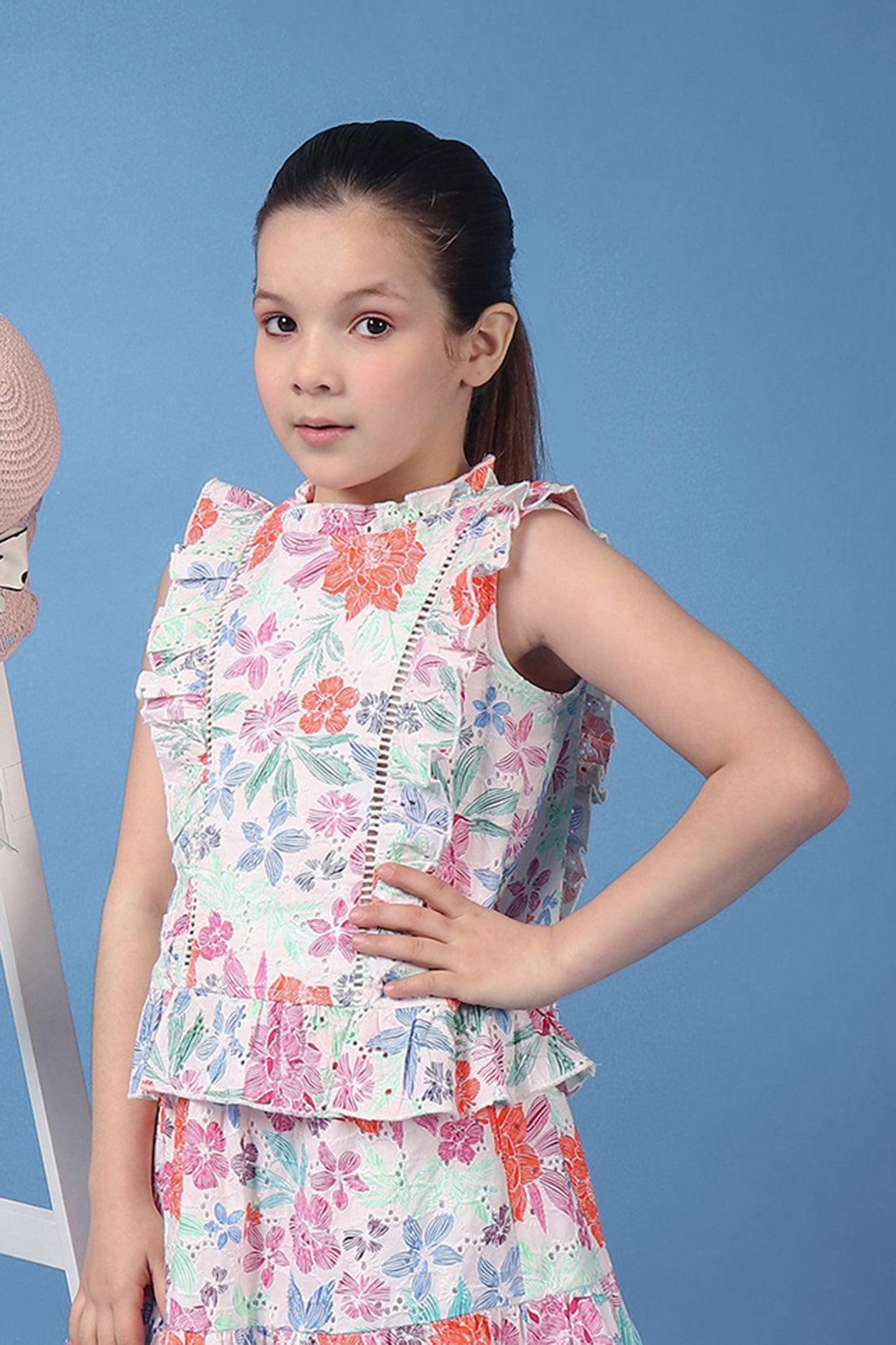 One Friday Kids Girls Beige Printed Lace Detailed Top With Frills and Neck Band - One Friday World