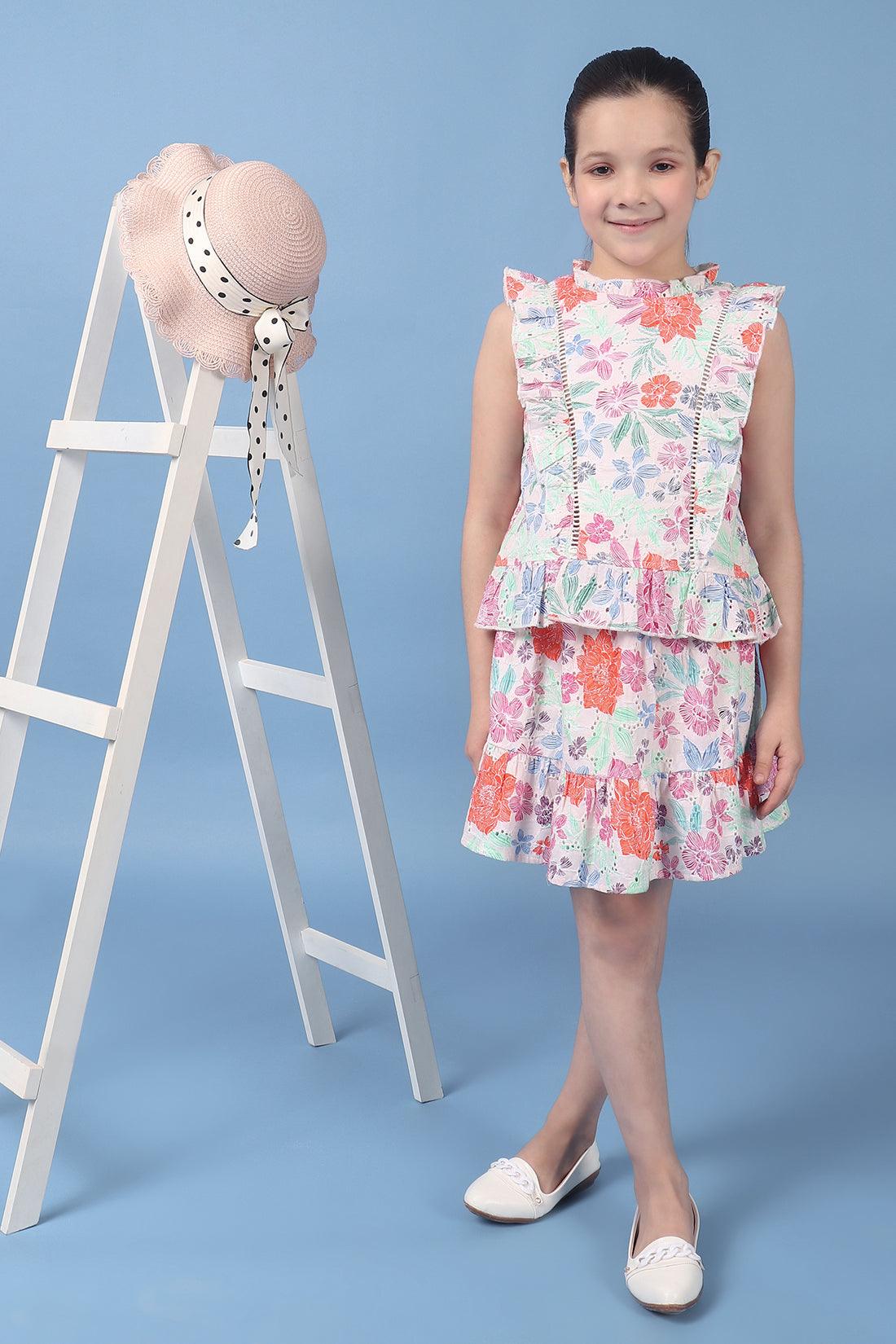 One Friday Kids Girls Beige Printed Tiered Skirt With Elasticated Waistband - One Friday World