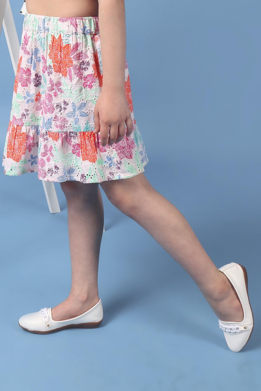 One Friday Kids Girls Beige Printed Tiered Skirt With Elasticated Waistband - One Friday World