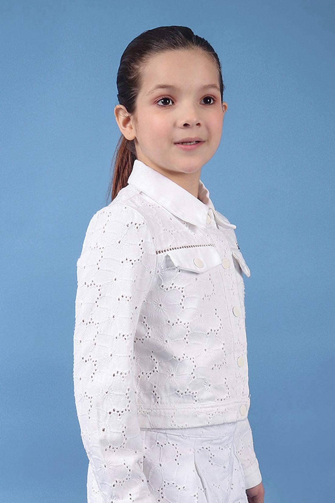 One Friday Kids Girls 100% Cotton White Schiffli Jacket With Lace - One Friday World