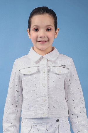 One Friday Kids Girls 100% Cotton White Schiffli Jacket With Lace - One Friday World