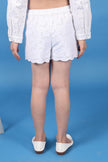 One Friday Kids Girls 100% cotton white schiffli shorts with bow and scalloped hemline - One Friday World