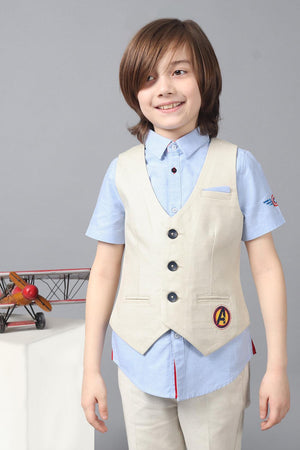 One Friday Kids Boys Beige 100% Cotton Waistcoat with Avengers Embroidery - One Friday World