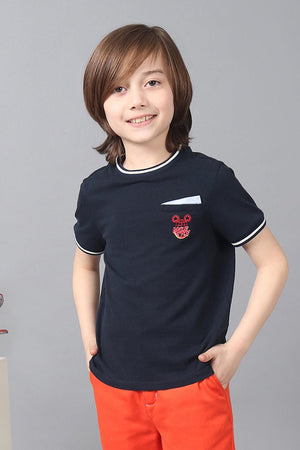 One Friday Kids Boys Navy Blue Round Neck Mickey Embroidered T-Shirt - One Friday World