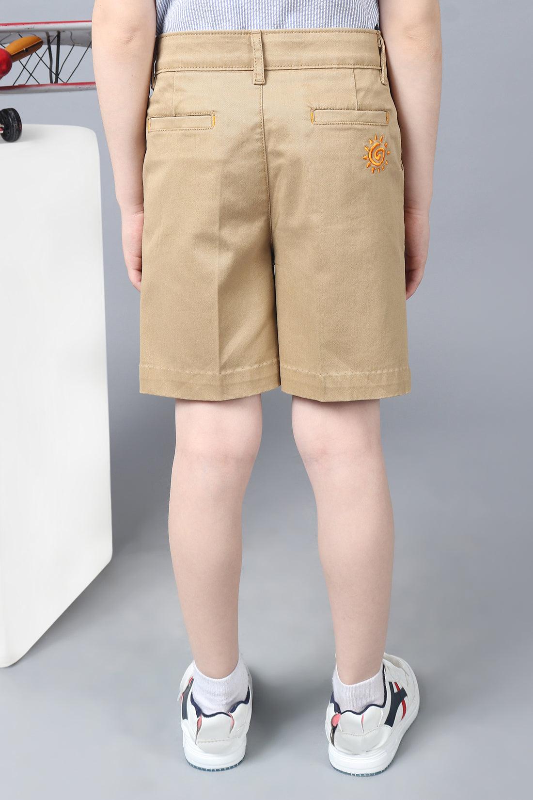 One Friday Kids Boys Khaki Cotton Knee Length Short with Embroidery - One Friday World