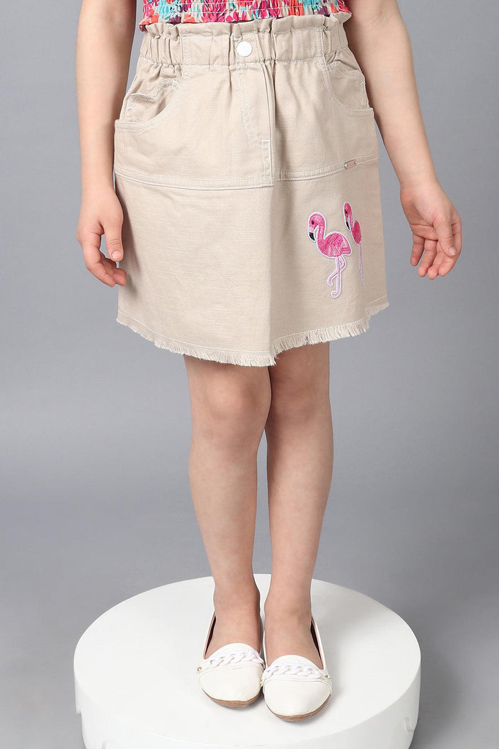 One Friday Kids Girls Beige Cotton Straight Fit Embroidered Skirt - One Friday World