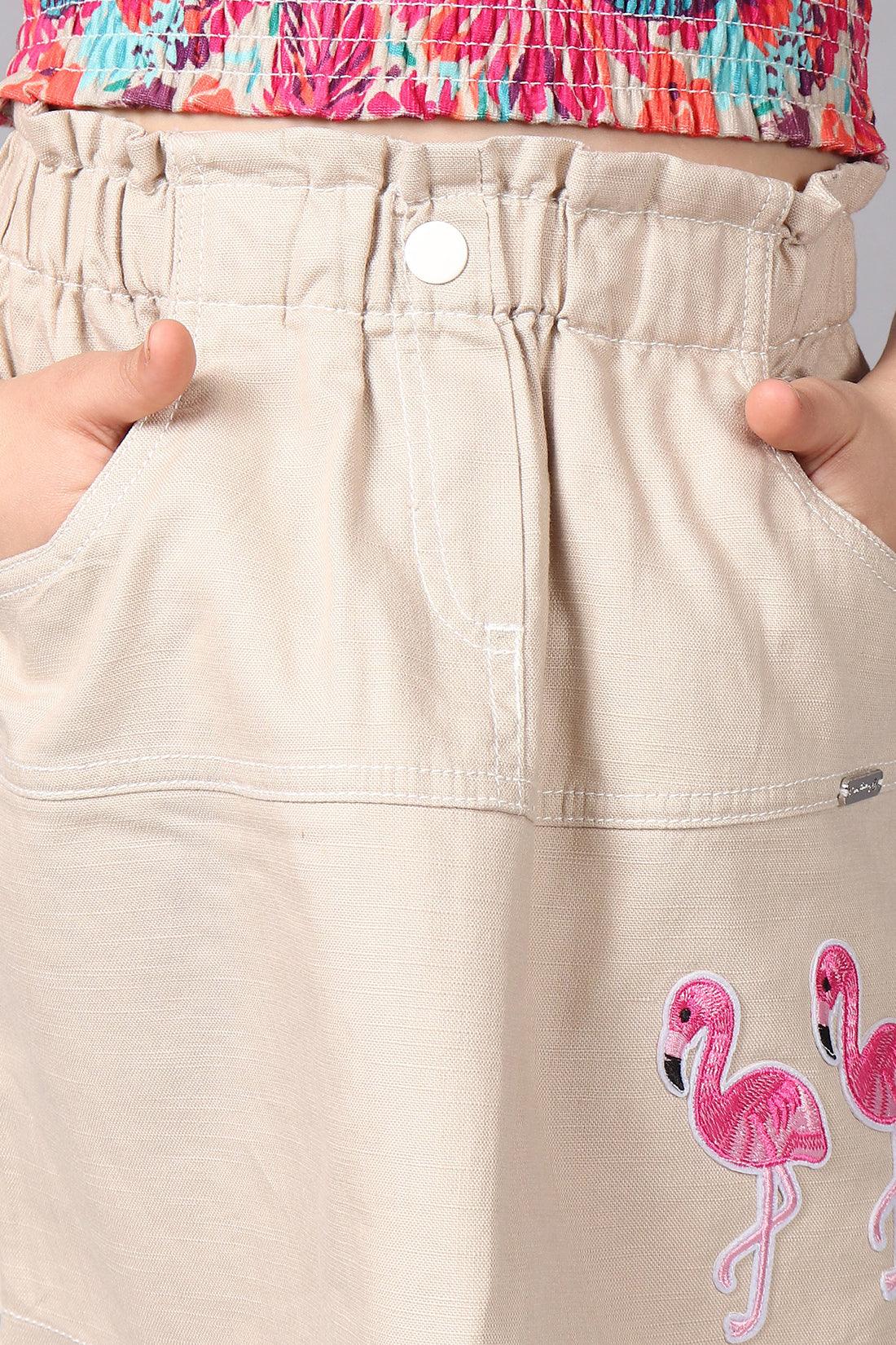 One Friday Kids Girls Beige Cotton Straight Fit Embroidered Skirt - One Friday World