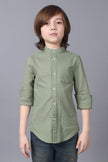 One Friday Kids Boys Green 100% Cotton Band Collar Full Sleeves Patch Pocket Shirt - One Friday World