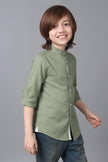 One Friday Kids Boys Green 100% Cotton Band Collar Full Sleeves Patch Pocket Shirt - One Friday World