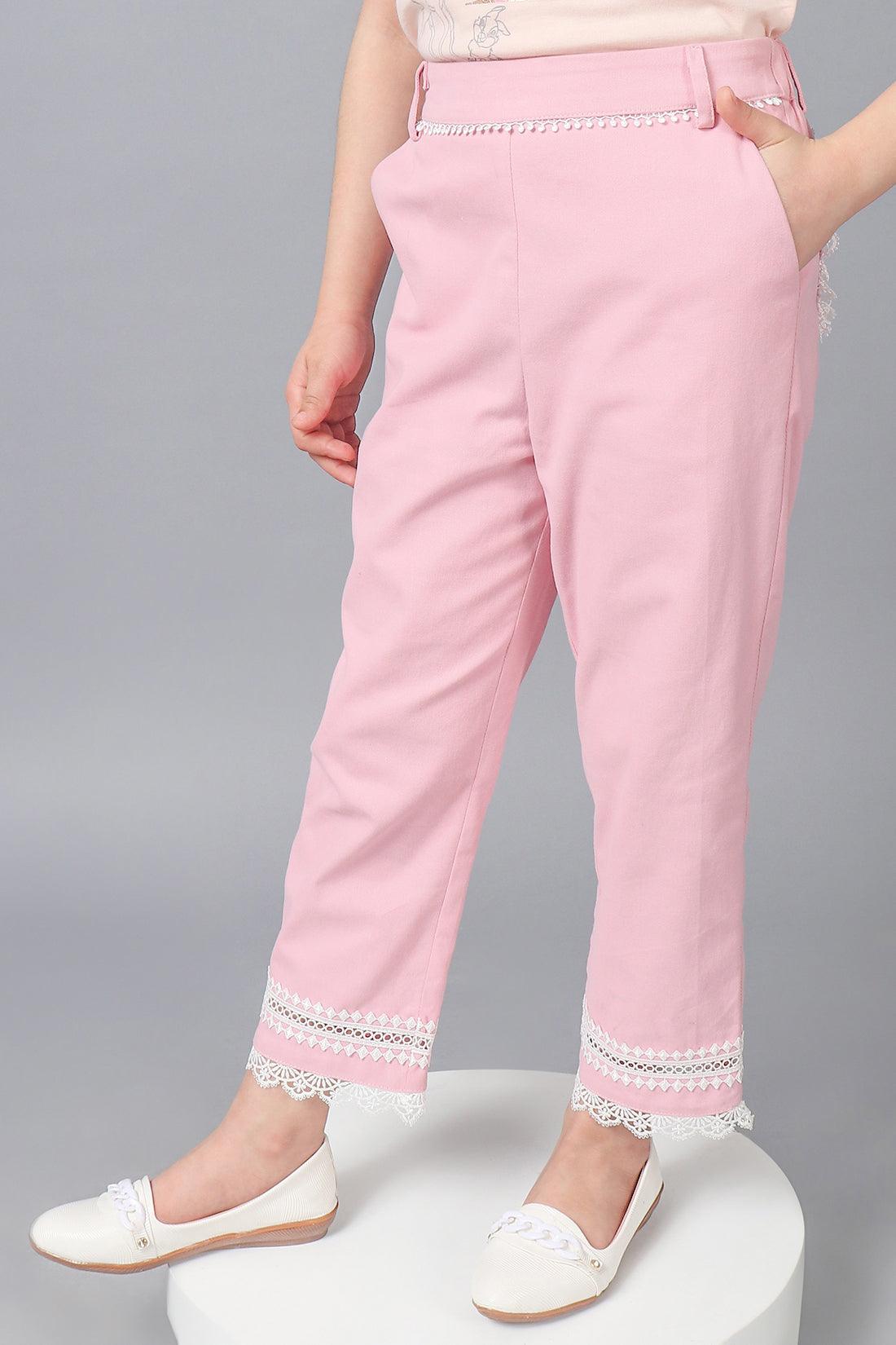 One Friday Kids Girls Pink Cotton Laced Trouser - One Friday World