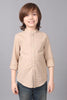 One Friday Kids Boys Beige 100% Cotton Band Collar Full Sleeves Patch Pocket Shirt - One Friday World