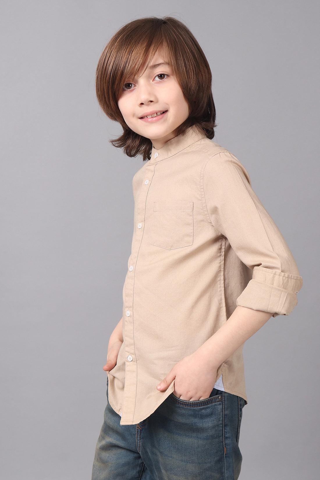 One Friday Kids Boys Beige 100% Cotton Band Collar Full Sleeves Patch Pocket Shirt - One Friday World