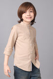 One Friday Kids Boys Beige 100% Cotton Band Collar Full Sleeves Patch Pocket Shirt - One Friday World