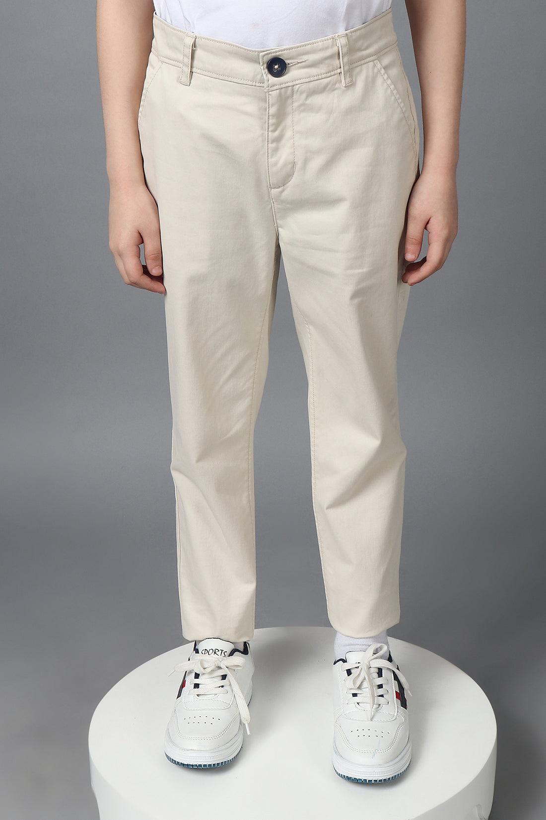 One Friday Kids Boys Beige Stretchable Cotton Trouser With Embroidery and Side Pockets - One Friday World