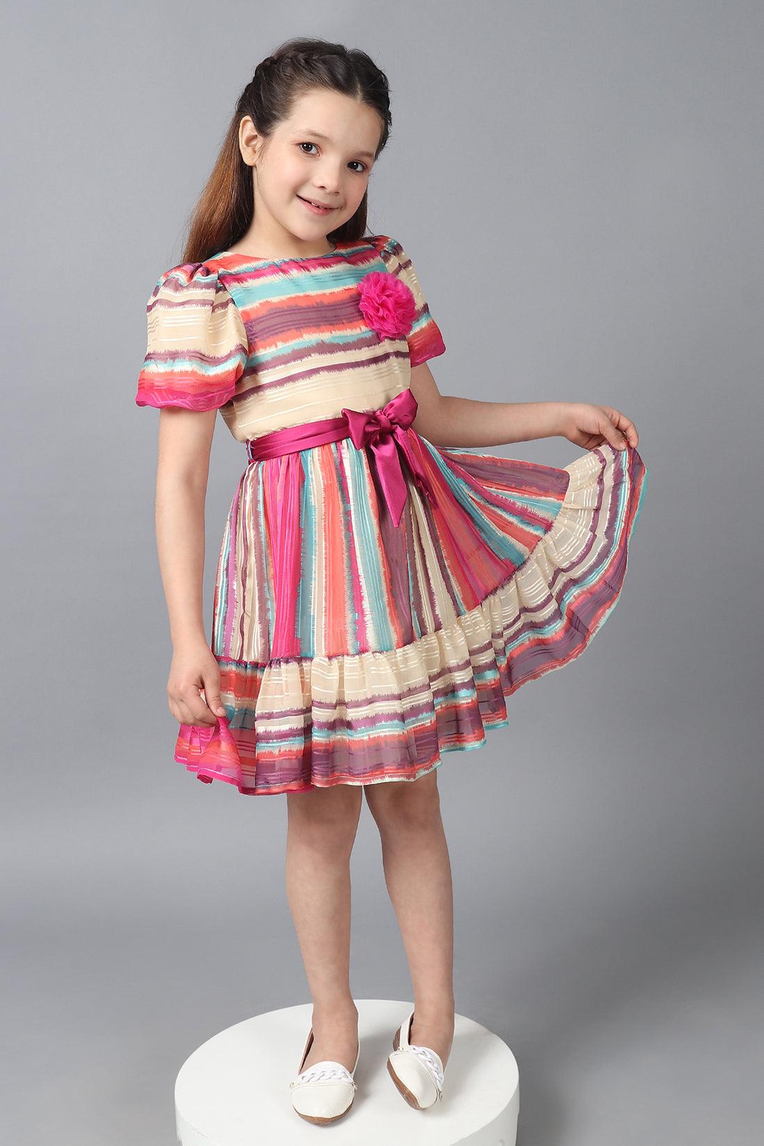 One Friday Kids Girls Multicolored Round Neck Dress - One Friday World