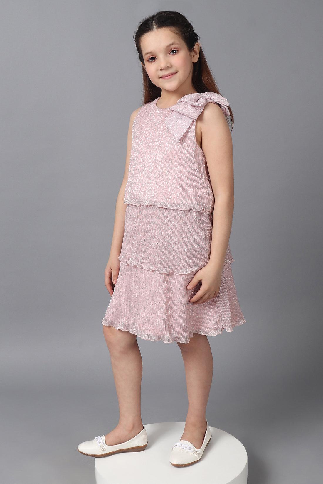 One Friday Kids Girls Pink Pleated Sleeveless Glitter Layered Dress - One Friday World