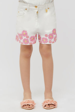 One Friday Off White Shorts With Pink Flower Print - One Friday World