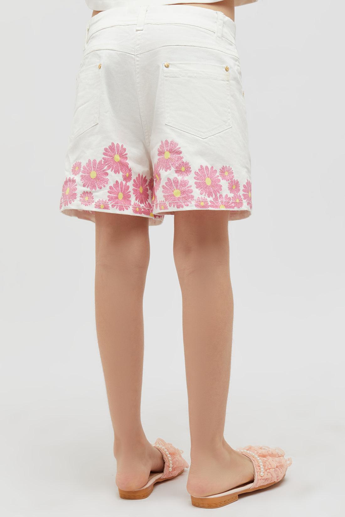 One Friday Off White Shorts With Pink Flower Print - One Friday World