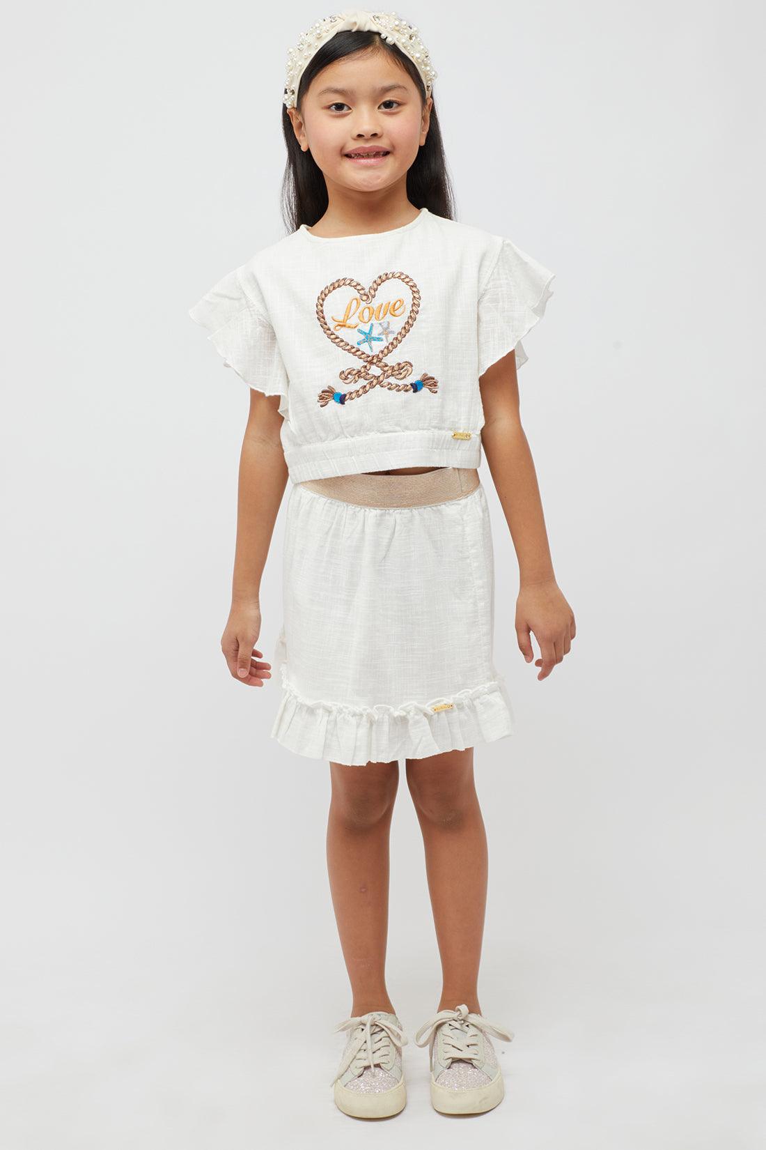 One Friday Kids Girls Off White Pure Cotton Skirt with Hemline Ruffle - One Friday World