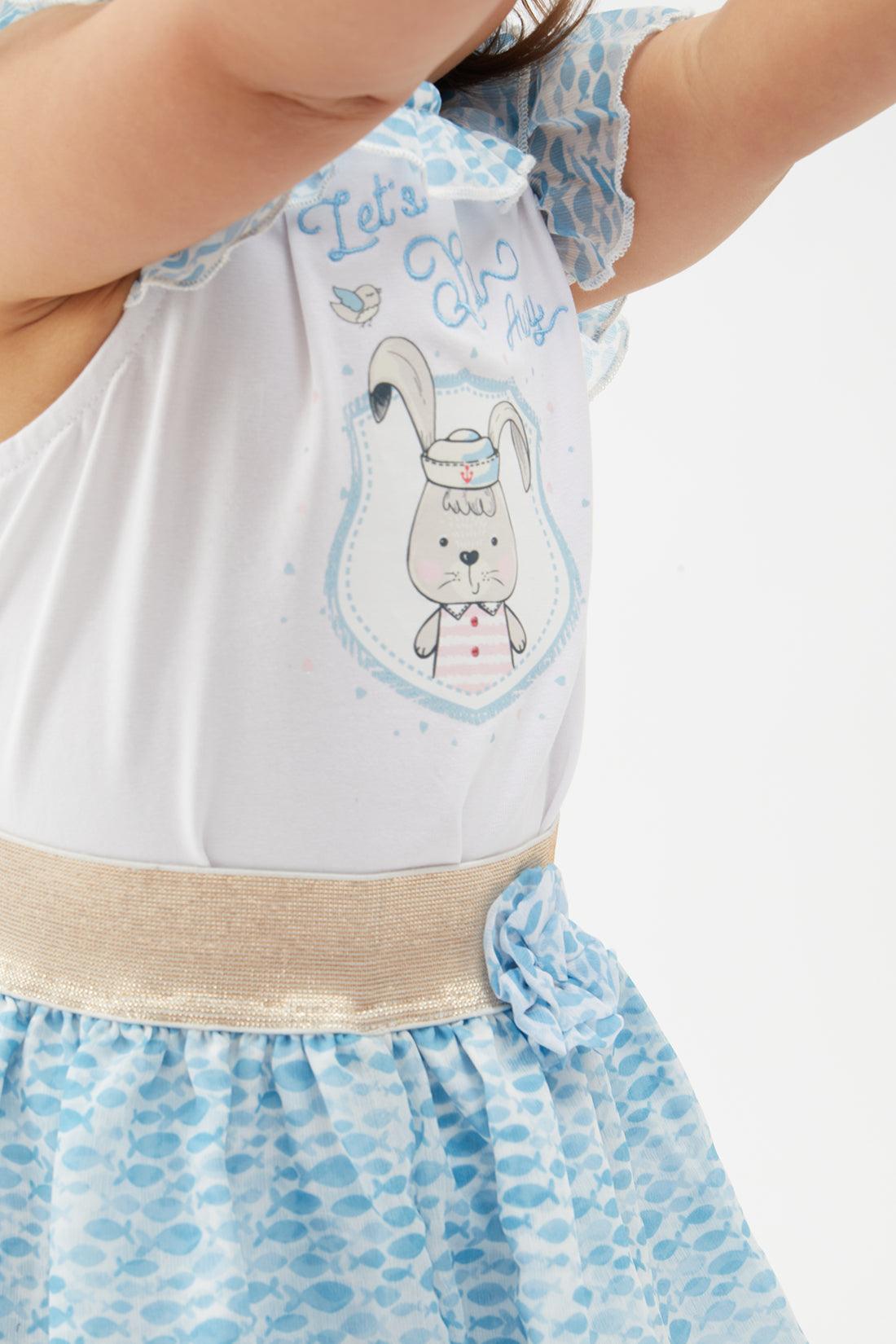 One Friday Baby Girl's Blue & White Printed Top with Skirt Set - One Friday World