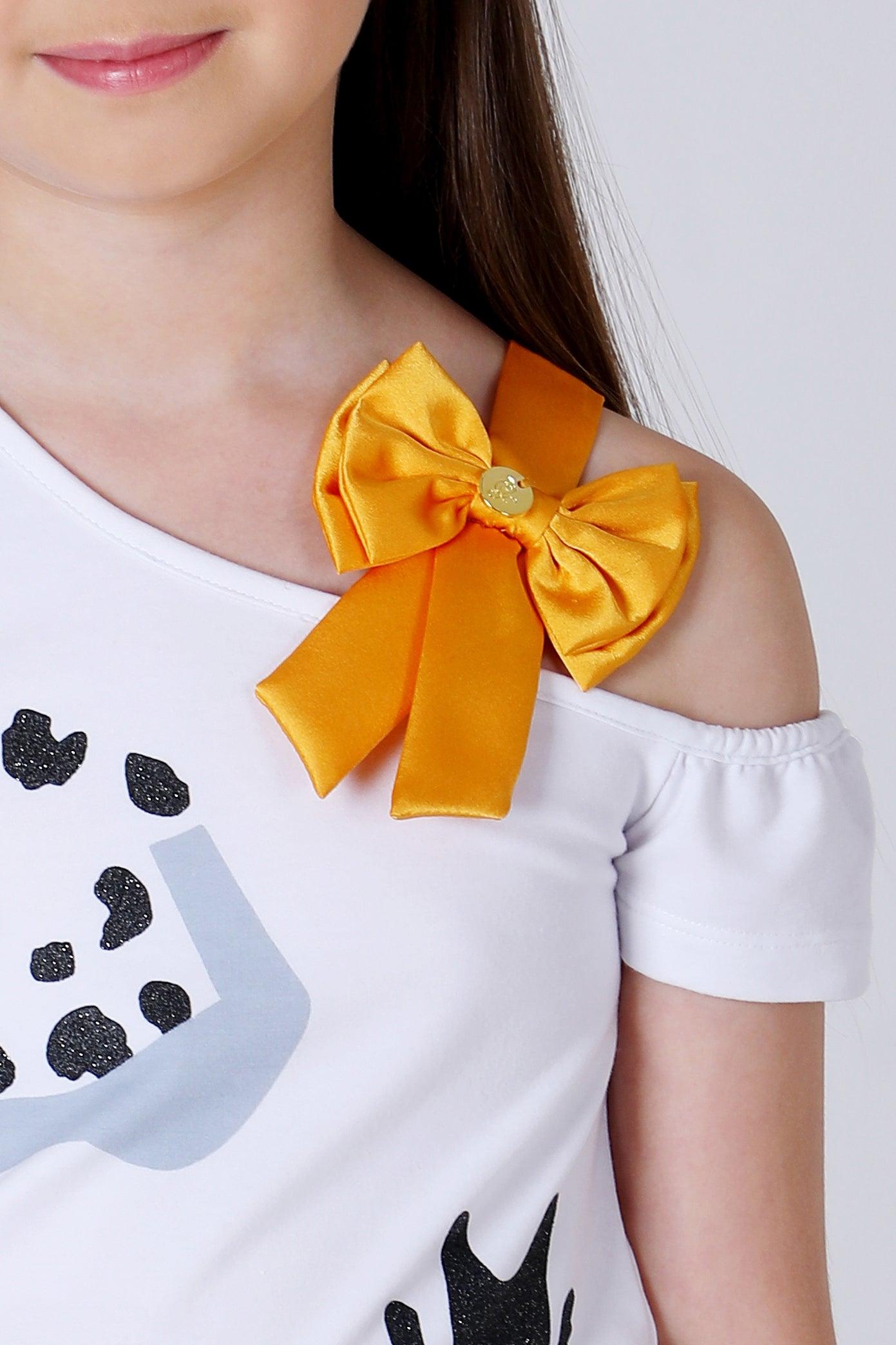 One Friday Kids Girls White Animal Printed Top with yellow Bow - One Friday World