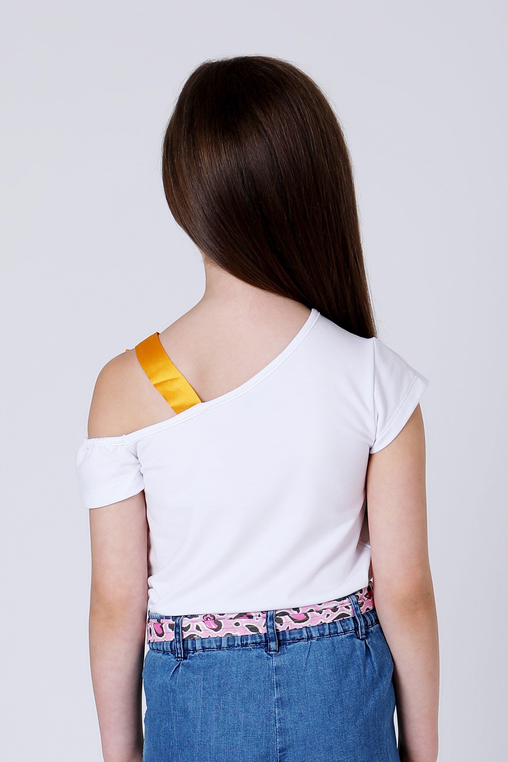 One Friday Kids Girls White Animal Printed Top with yellow Bow - One Friday World