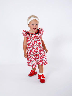 One Friday Baby Girls Red Neck Frill Printed Dress - One Friday World