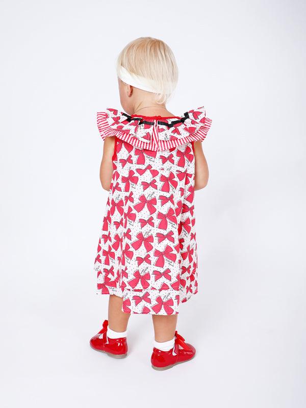 One Friday Baby Girls Red Neck Frill Printed Dress - One Friday World