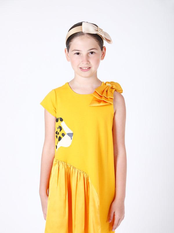 One Friday Kids Girls Yellow Animal Printed Dress With Bow - One Friday World